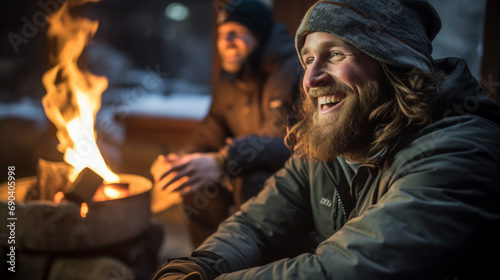 Warm Companionship: Two Men Enjoying a Laugh by the Cabin Fire