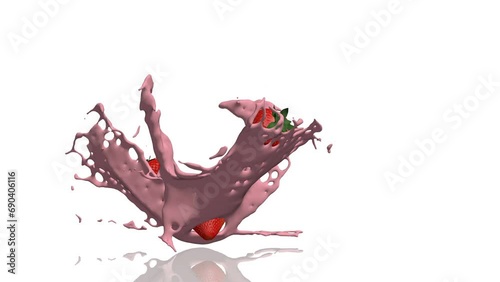 milk or yogurt splash with strawberries turns on itself  loop isolated 3d render