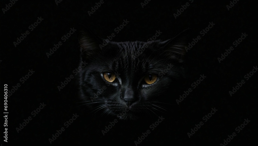Piercing gaze of a black cat in the dark - AI generated