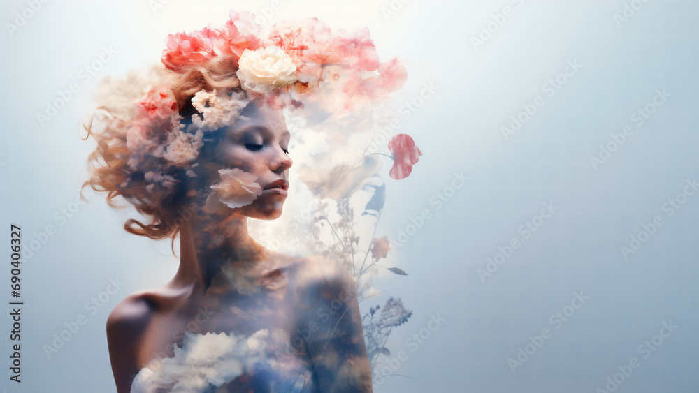 Fantasy portrait with double exposure, combining the profile of a girl and spring flowers.