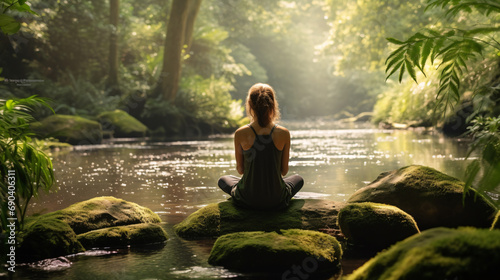 Mindful Moment in a Tranquil Forest Setting with a Person Meditating Near a Stream