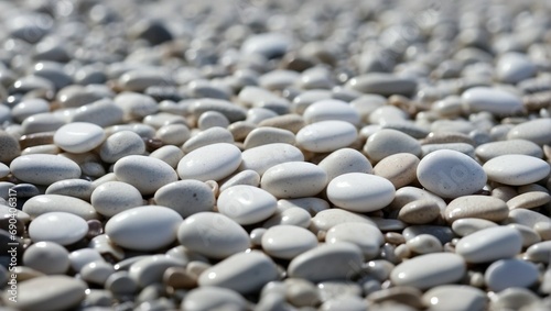 Glossy white and grey pebble stone ground on a sunny day - AI generated photo