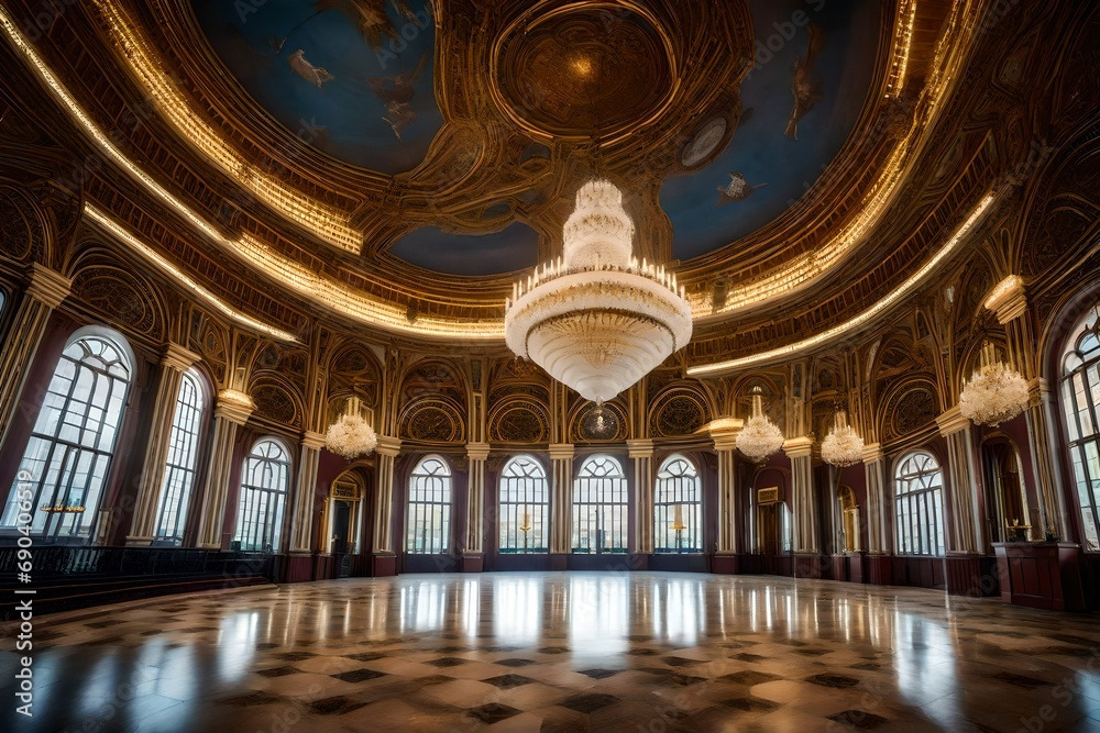 A grand ballroom with marble floors, colossal chandeliers, and intricate ceiling frescoes