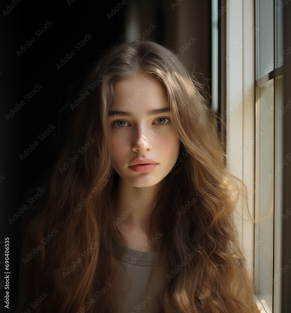 A beautiful young woman with long brown hair