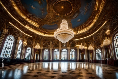 A grand ballroom with marble floors, colossal chandeliers, and intricate ceiling frescoes