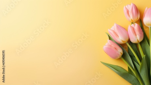 A postcard with a bouquet of pink tulips on a light yellow background