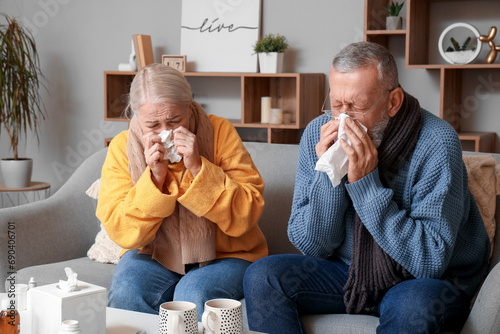 Sick mature couple with tissues sitting at home photo