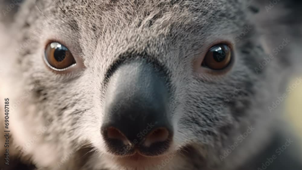 Closeup of a koalas peaceful eyes, as they slowly blink and look directly into the camera, revealing their gentle nature and capturing our hearts.
