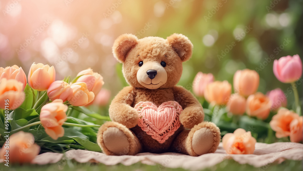 Cute funny toy bear with a knitted heart in a meadow with flowers Cute funny toy bear with a knitted heart in a meadow with flowers