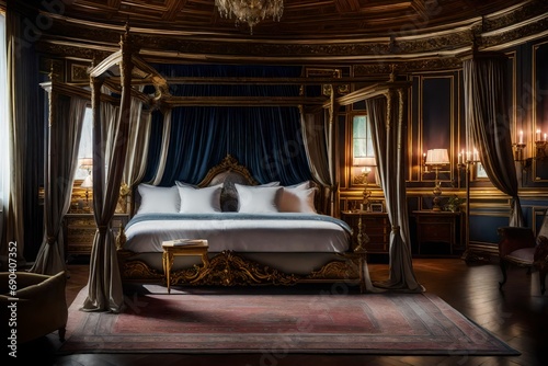 A luxurious bedroom with a four-poster canopy bed, Rococo-style decor, and lavish textiles © ANAS