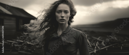 Swedish art house plot. A woman on a farm, expression full of meaning and conflicted emotion. In the style of a panoramic movie still.