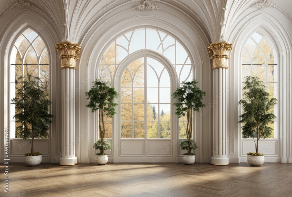 Elegant and Spacious Room with Herringbone Wood Floor and Arched Windows