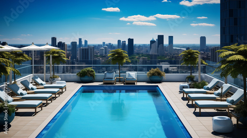 aereal photo of a Rooftop pool in a building, in the background a landscape of buildings  photo