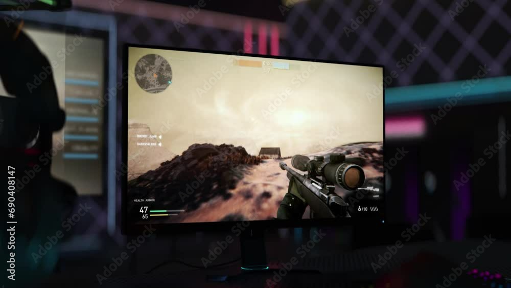Animation Of Multiplayer Combat Match In Modern War Game On PC. Sniper Destroys Combat Vehicle Of Enemy Team In Online PC Game. Military Combat Video Game. PC Gaming. Explosion. Warfare
