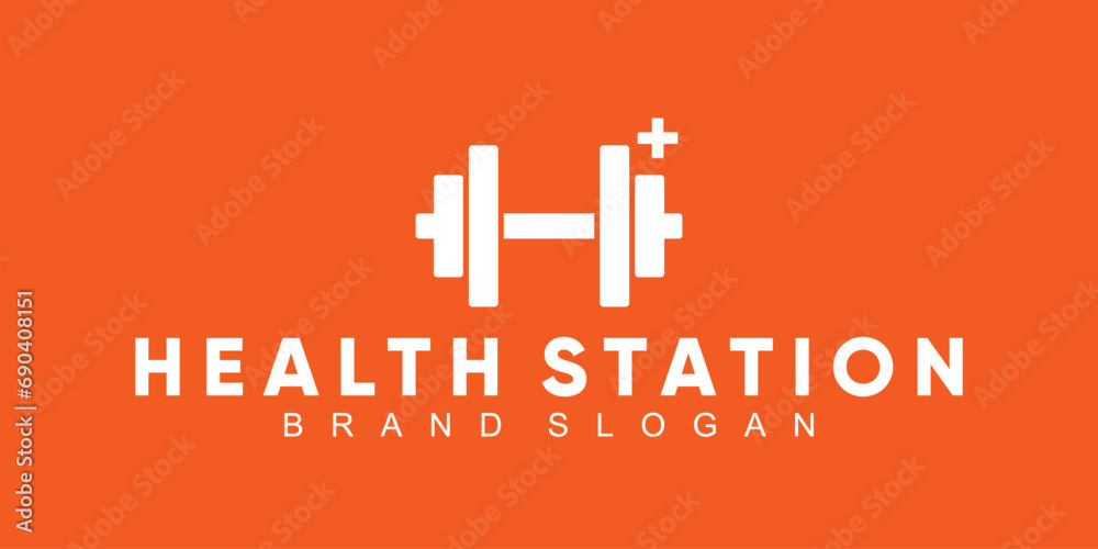 Gym or health station  logo with barble shape and health symbol