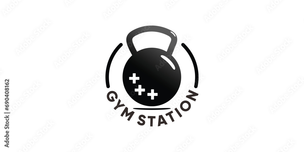Gym station logo with barble shape and health symbol Gym station logo with barble shape and health symbol
