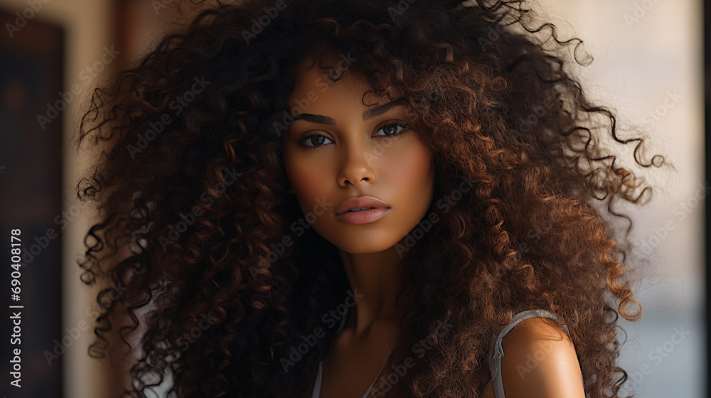 Fototapeta premium Portrait of a young woman with beautiful long curly hair, ai generative