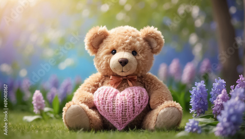 Cute funny toy bear with a knitted heart in a meadow with flowers celebration © tanya78