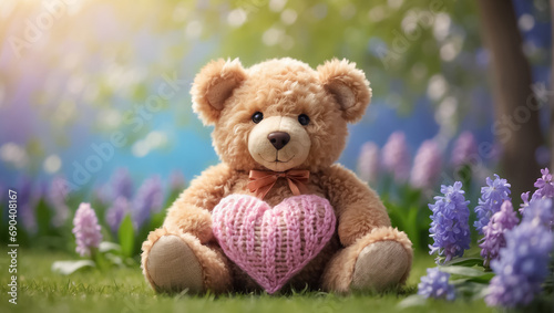 Cute funny toy bear with a knitted heart in a meadow with flowers celebration