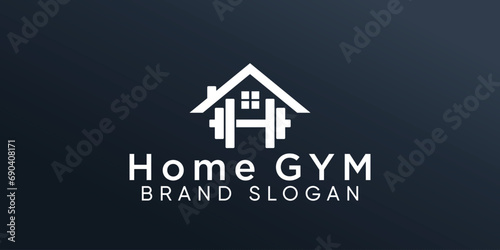 Home gym logo with barble shape and roof of home  symbol