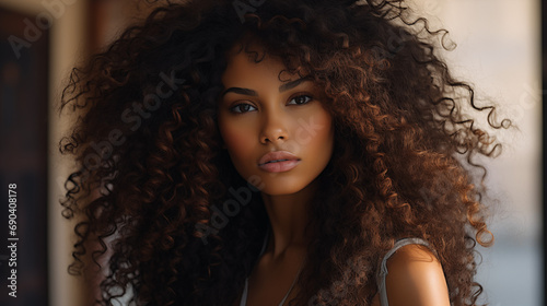Portrait of a young woman with beautiful long curly hair, ai generative photo