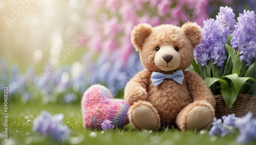 Cute funny toy bear with a knitted heart in a meadow with flowers decoration