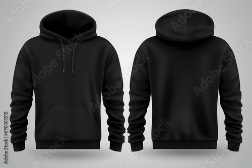 Set of Black front and back view tee hoodie hoody sweatshirt on transparent background cutout. Mockup template for artwork graphic design photo