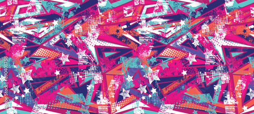 Geometric seamless pattern with urban Grunge pink background for fitness clothes, girl sport textile. Geometrical grungy print. Fashion sport style ornament with arrows, stripes