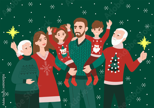Family celebrating Christmas concept with character scene. Happy grandparents, mother, father and kids in cute ugly sweaters with sparklers enjoying snow. Vector illustration in flat cartoon design