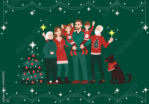 Family celebrating Christmas concept with character scene. Happy grandparents, mother, father and kids in cute ugly sweaters and dog enjoying festive tree. Vector illustration in flat cartoon design