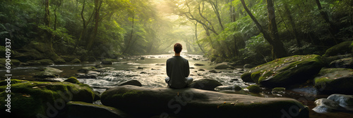 Mindful Moment in a Tranquil Forest Setting with a Person Meditating Near a Stream