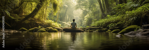 Mindful Moment in a Tranquil Forest Setting with a Person Meditating Near a Stream