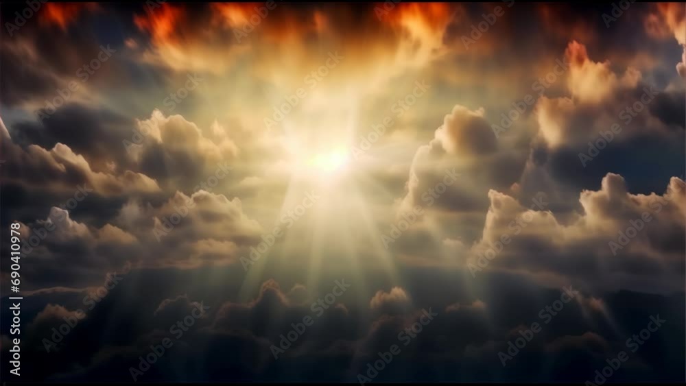the powerful rays of the sun piercing through thick clouds, representing the sun as a symbol of hope and inspiration