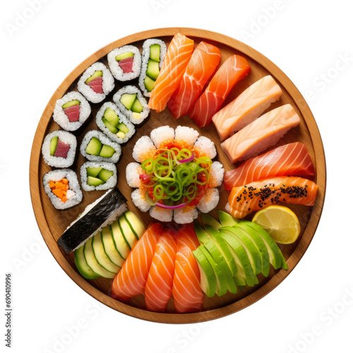 Isolated image of assortment of different types of sushi with salmon and vegetables. For collages, banners, booklets, flyers and other projects about japanese food.