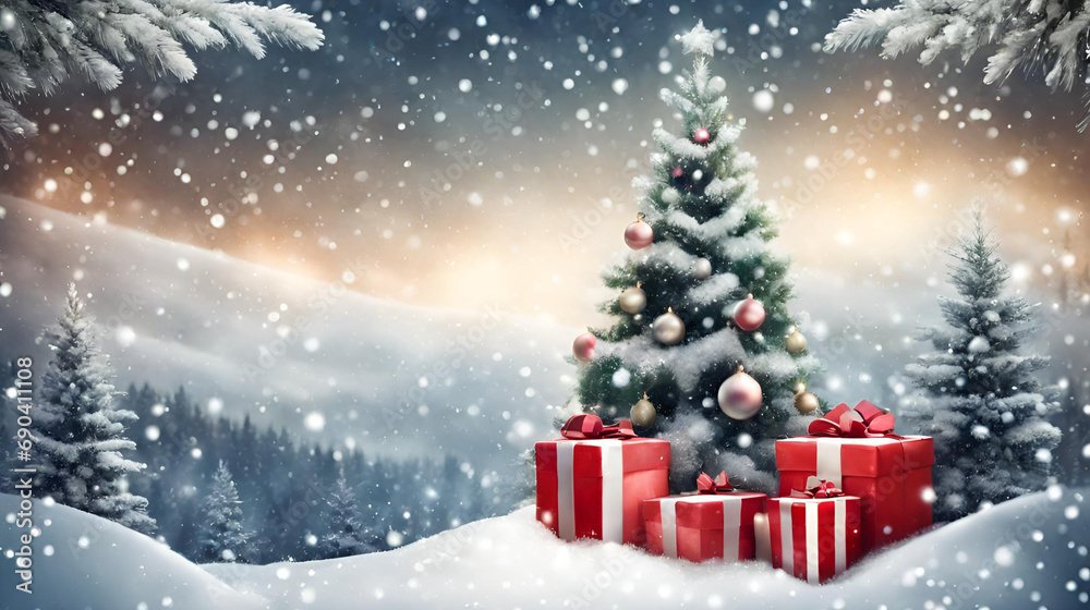 New Year Background with realistic festive gifts box snowfall with Christmas tree, A christmas tree in the snow with lights on it, happy new year with luxurious christmas tree 