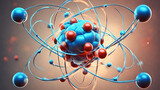 Atom's Building Blocks - Protons, Neutrons, electrons and Elementary Particles, A blue atom has a atom like atom in it, Atomic structure. glowing energy balls, nuclear reaction.