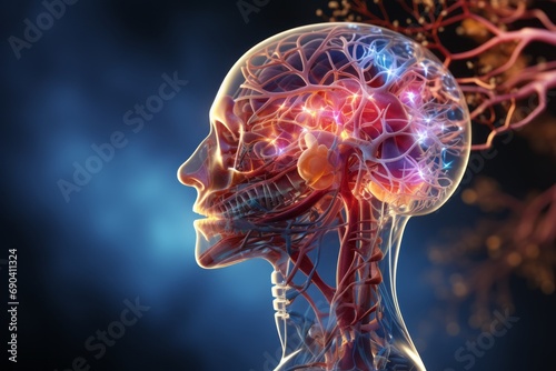 3D illustration of transparent human skull and colorful image human brain anatomy. Musculoskeletal tissue, nervous system, blood supply, neural connections. Mockup for publications on medical topics.