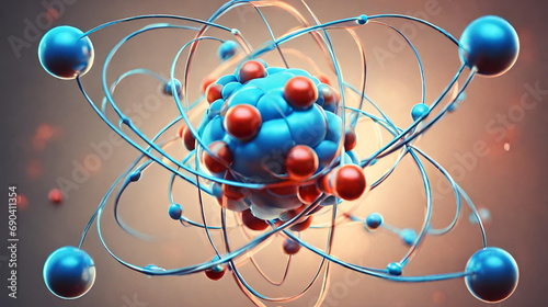 Atom's Building Blocks - Protons, Neutrons, electrons and Elementary Particles, A blue atom has a atom like atom in it, Atomic structure. glowing energy balls, nuclear reaction. photo