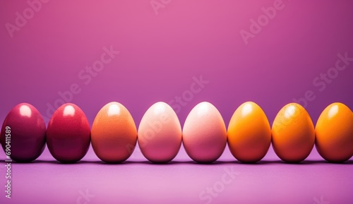 Easter eggs from red to yellow on a purple background.