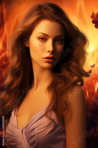 Beautiful young brunette woman against background of blazing fire in style of romantic love fantasy. Cover for womens romance novel. Suitable for greeting card, print, wall decoration. Vertical