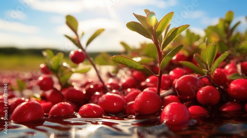 Cranberry growing in its natural environment in nature. Close up of red berries with green leaves on a sunny day. Ideal for food and nature related projects. photo