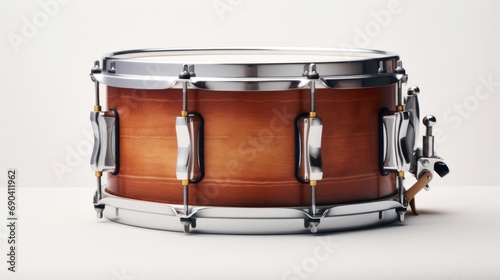 A wooden snare drum with metal hardware isolated on a white background, perfect for music-related projects. photo