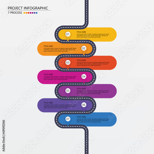 Road way infographic circle of 7 steps and business icons for finance process steps.
