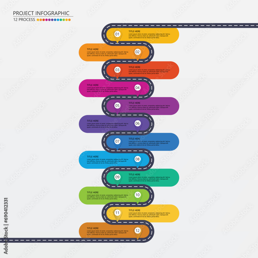 Road way infographic circle of 12 steps and business icons for finance process steps. Road way infographic circle of 12 steps and business icons for finance process steps.