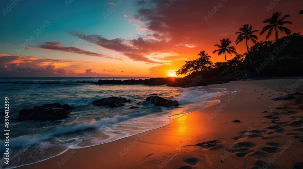 Very bright and beautiful orange sunset on the sea. Vacation concept
