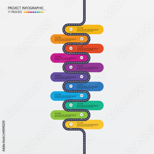 Road way infographic circle of 11 steps and business icons for finance process steps.