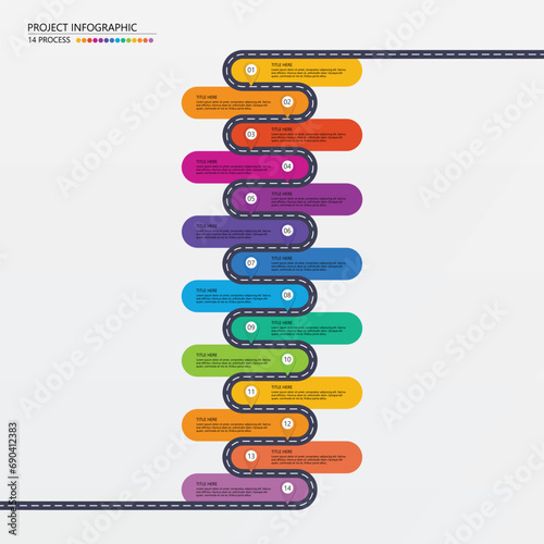 Road way infographic circle of 14 steps and business icons for finance process steps.