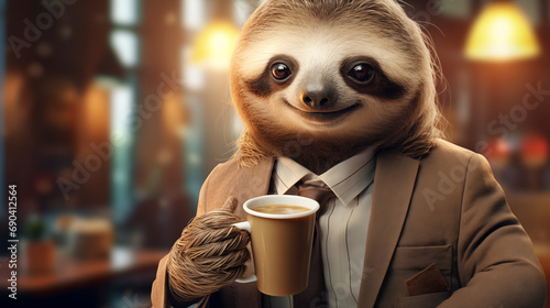 A sloth holding a cup of coffee. photo