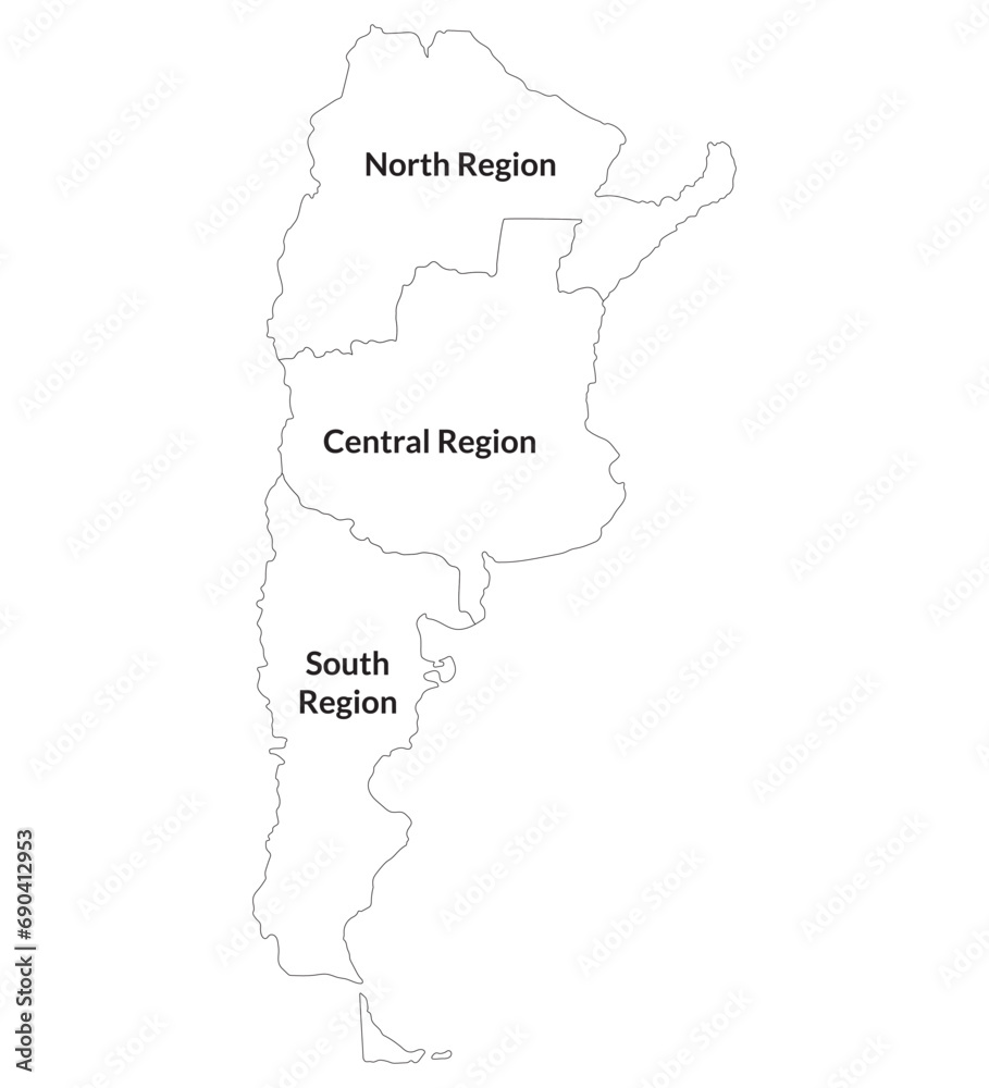 Argentina map. Map of Argentina in three main regions