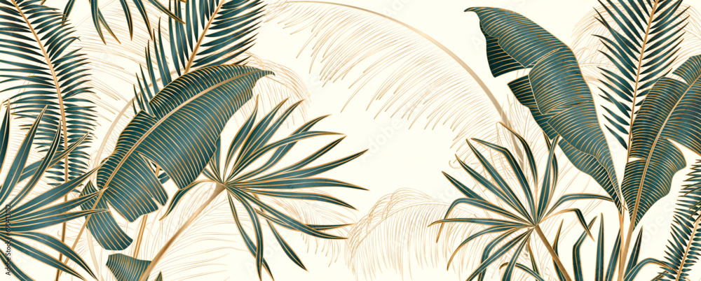 custom made wallpaper toronto digitalLuxury abstract art background with leaves of tropical plants with line art elements. Botanical banner for decoration, print, wallpaper, textile, interior design